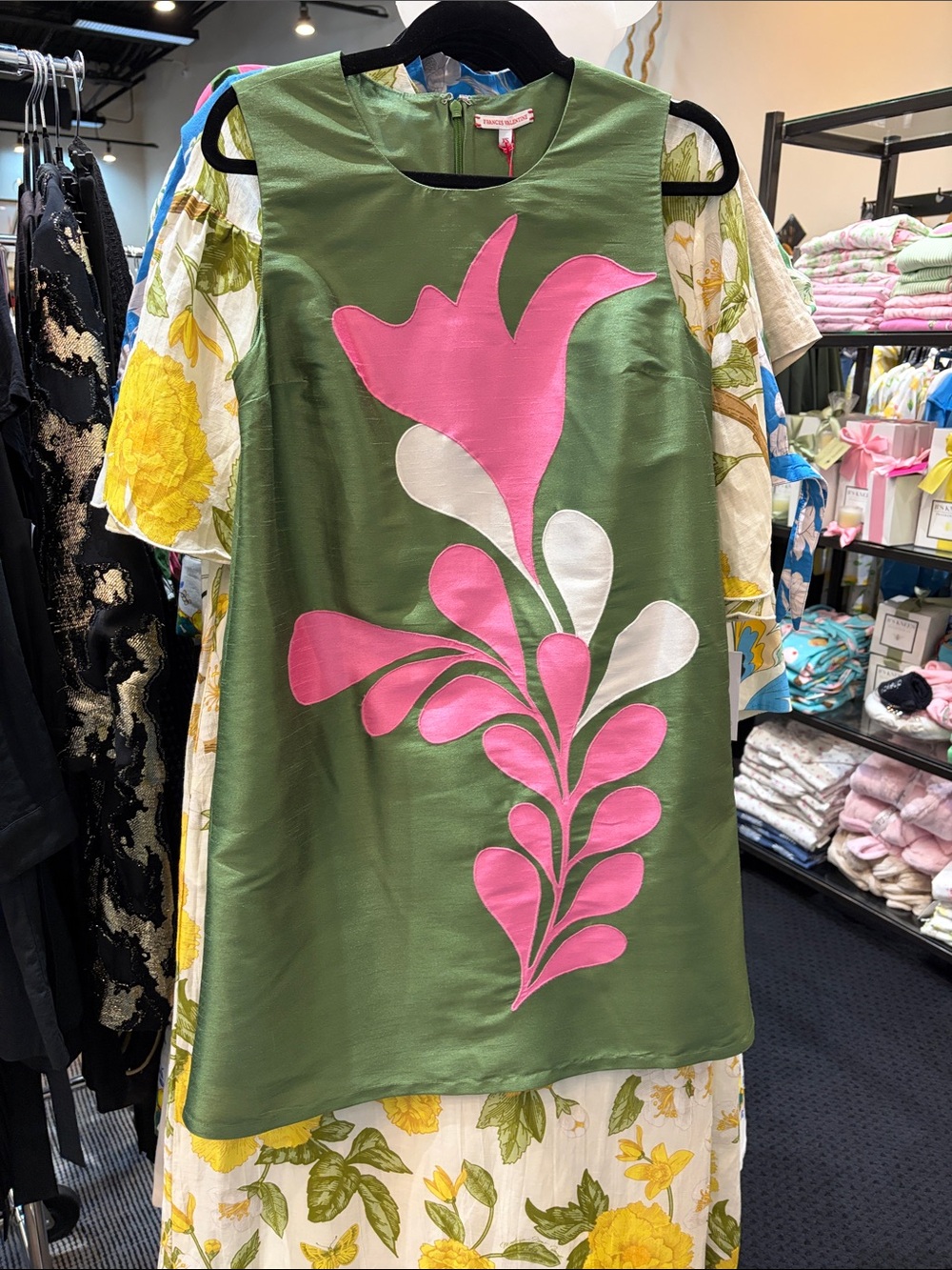 Frances Valentine Olive Green Dress with Pink & White Appliqué